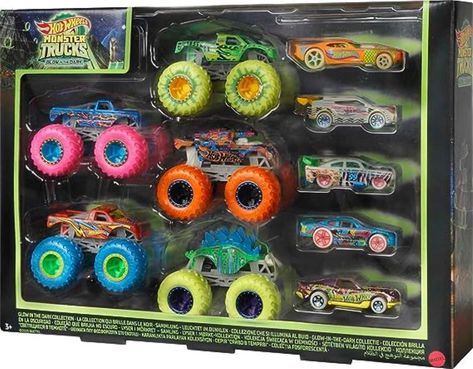 Hot Wheels Monster Trucks Glow in The Dark Multipack with 5 Monster Trucks & 5 Cars Monster Truck Toys, Rc Cars And Trucks, Hot Wheels Toys, Mattel Hot Wheels, Pokemon Trading Card, Play Vehicles, Hot Wheels Cars, Toy Trucks, Monster Truck