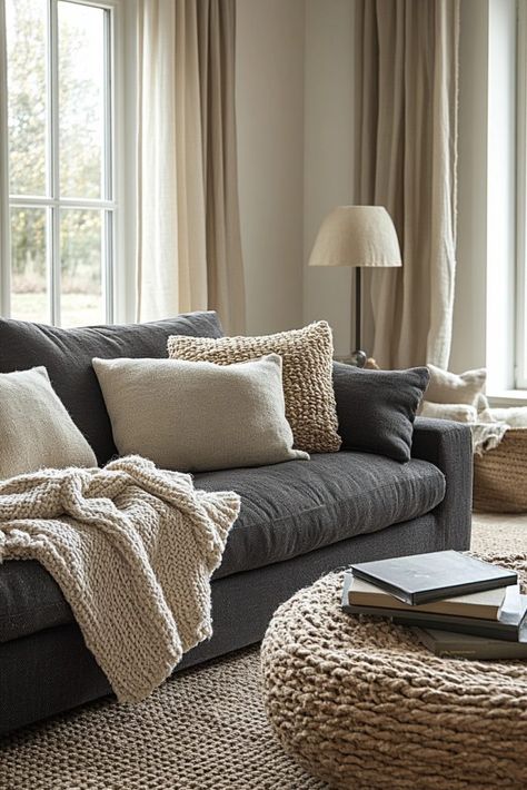 Neutral Living Room Dark Grey Couch, White Brown Gray Living Room, Cream Taupe And Grey Living Room, Dark Couch Light Living Room, Slate Gray Couch Living Room, Dark Couch Light Room, Pillows For Charcoal Couch, Charcoal Leather Couch Living Room, Dark Grey Couch Living Room Rugs