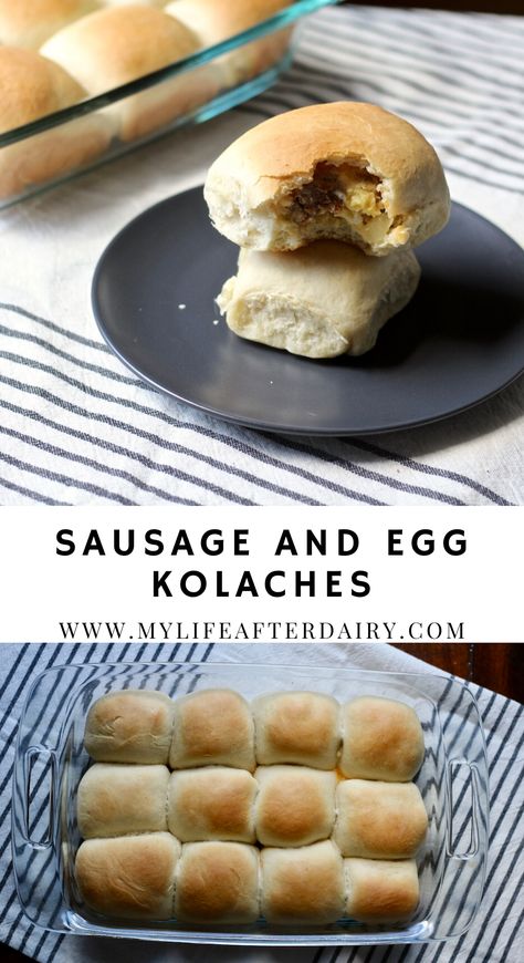 These dairy free sausage and egg kolaches are a perfect breakfast roll. With traditional Czech style dough, these kolaches are stuffed with sausage, onion, and scrambled eggs. This filling breakfast recipe makes breakfast prep a breeze because you can make them in advance and eat them all week. Homemade kolaches are easy and delicious. #dairyfree #kolache #breakfast #mealprep Stuffed Breakfast Rolls, Kolache Recipe Breakfast, Stuffed Kolache Recipe, Kolache Recipe Czech Savory, Homemade Kolaches Easy, How To Make Kolaches, Easy Kolache Recipe, Kolache Factory Copycat Recipe, Breakfast Kolache Recipe