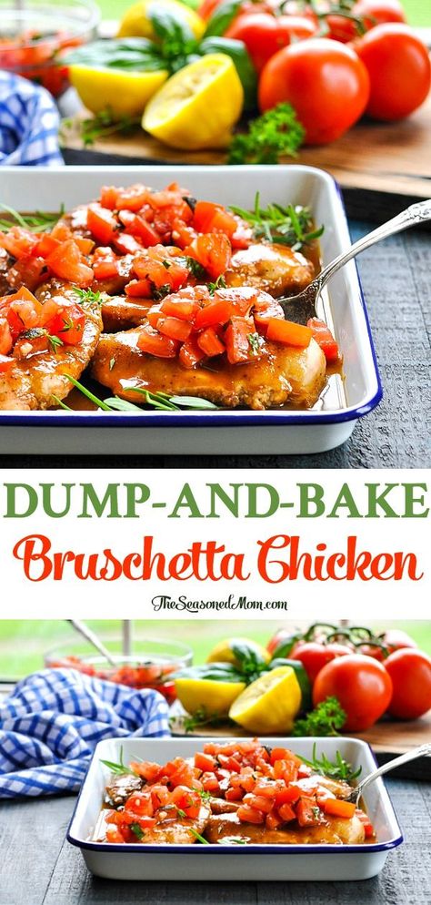 Dump and Bake Bruschetta Chicken is an easy and healthy dinner recipe that takes advantage of fresh, ripe summer tomatoes and those chicken breasts that you've got in the freezer! #chicken #tomatoes #dinner #easyrecipes #easydinner #healthyrecipe #healthydinner #TheSeasonedMom Bruschetta Chicken Casserole, Tomatoes Dinner, Dump And Bake, Chicken Tomatoes, Healthy Dinner Recipe, Healthy Meats, Bruschetta Chicken, Summer Recipes Dinner, Eat Better