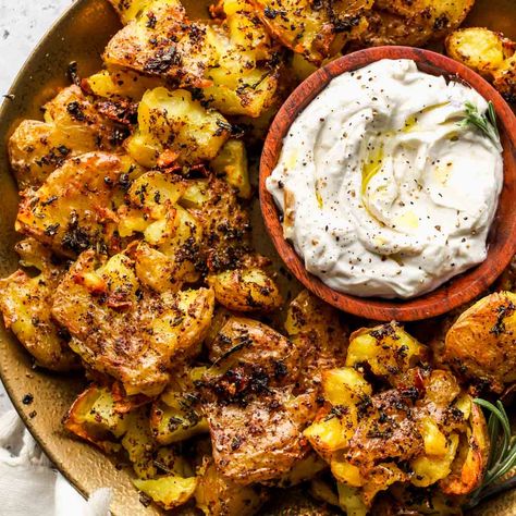 Rosemary-Sumac Smashed Potatoes with Roasted Garlic Dip Arugula Goat Cheese Salad, Roasted Garlic Dip, Dishing Out Health, Crispy Roasted Potatoes, Vegetarian Bbq, Garlic Dip, Healthy Probiotics, Crowd Pleasing Recipes, Mini Sandwiches