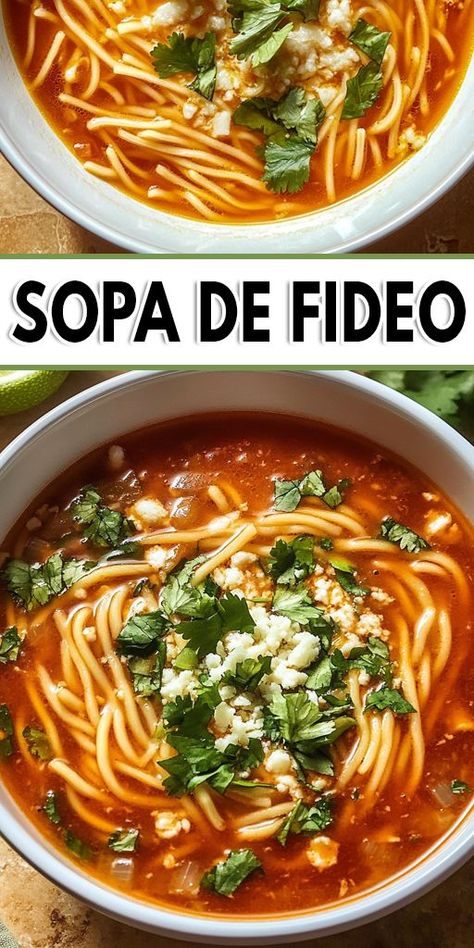 Sopa De Fideo Ingredients: 1/4 cup extra-virgin olive oil or neutral oil 6 oz. fideo or vermicelli, broken into 1″ pieces 1 tsp. kosher salt, divided 1/2 white onion, finely chopped 2 large or 4 small cloves garlic, finely chopped 1 (14-oz.) can whole tomatoes 1/2 tsp. ground coriander 1/2 tsp. ground cumin 6 cups store-bought or homemade low-sodium chicken broth Crumbled queso fresco, fresh cilantro, and lime wedges for serving #Soup #Quickrecipe Fideo Soup Recipe, Mexican Noodle Soup, Can Whole Tomatoes, Fideo Recipe, Garlic Broth, Canning Whole Tomatoes, Low Carb Mexican, America Food, Fall Soup Recipes