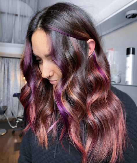 Vivid Peekaboo Highlights, Medium Dark Hair, Pink Peekaboo Hair, Hidden Hair Color, Natural Dark Hair, Peekaboo Hair Colors, Hair Styels, Peekaboo Hair, Bangs With Medium Hair