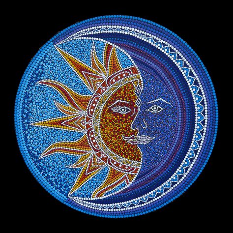 Dot painting Acrylic on canvas and then sealed with a matte varnish spray 40 cm Dot Acrylic Painting, Sun And Moon Dot Art, Dot Painting Acrylic, Circle Painting Ideas On Canvas, Mandala Art On Circle Canvas, Sun And Moon Mandala Dot Painting, Sun Dot Art, Dot Painting Landscape, Sun Dot Painting