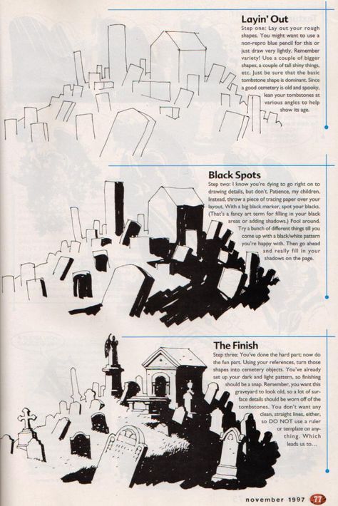 Mike Mignola - Building a Setting Process PAGE 02 How To Draw Buildings, How To Draw Backgrounds, Train Composition, How To Draw, Graveyard Drawing, Sketch Training, How To Draw Better, Lighting Drawing, How To Draw Comics