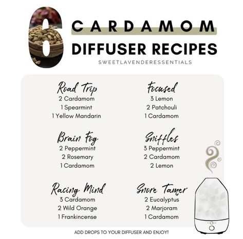 Cardamom Essential Oil Diffuser Blends, Cardamom Essential Oil Blends, Cardamom Diffuser Blends, Essential Oil Spray Recipes, Simmer Pots, Cardamom Essential Oil, Eo Blends, Mother's Day Promotion, Essential Oil Combinations