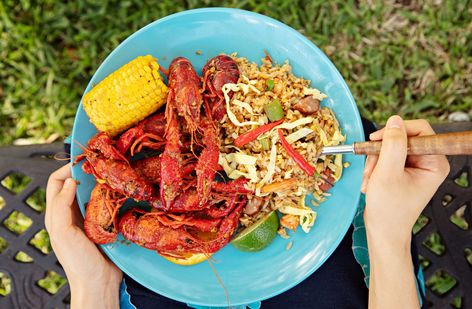 This intensely flavored fried rice made with andouille sausage, crawfish, Cajun seasoning, and plenty of garlic. Cajun Fried Rice, Crawfish Sauce, Corn And Potatoes, Cajun Crawfish, Cajun Fries, International Dishes, Orange Peels, Shrimp Fried Rice, Crawfish Boil