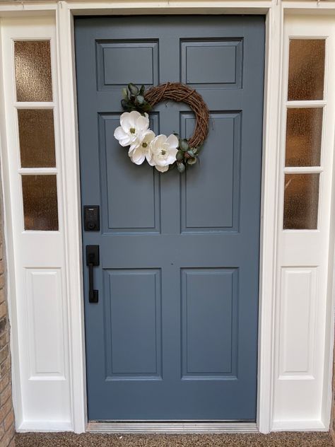 Navy Grey Front Door, Navy Door And Shutters, Blue Front Door Black Hardware, Cream House Door Color Ideas, White Brick House With Blue Door, Slate Blue Front Door Colors, Tan House Colored Door, Front Door Dark Blue, Slate Blue Door