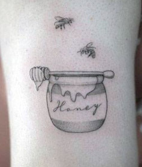 Honey Pot Tattoo Ideas, Honey Pot And Bee Tattoo, Honey Wand Tattoo, Pot Of Honey Tattoo, Honeybun Tattoo, Honey Pot Tattoo Simple, Winnie The Pooh Honey Pot Tattoo, Honey Bunny Tattoo, Small Honey Jar Tattoo