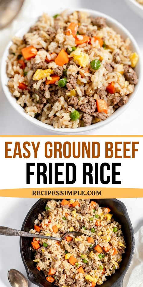 Ground Beef Fried rice in cast iron skillet and a serving in a white bowl. Ground Beef Fried Rice, Beefaroni Recipe, Beef Fried Rice, Healthy Ground Beef, Healthy Beef Recipes, Easy Ground Beef, Ground Beef Recipes Healthy, Cheap Recipes, Work Lunches