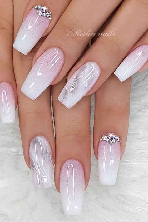 baby boomer wedding nails with gems Pink Wedding Nails, Baby Boomers Nails, Bridal Nails Designs, Wedding Nails Glitter, White Glitter Nails, Ombre Nails Glitter, Valentine Nails, Ombre Nail Designs, Nail Art Ombre