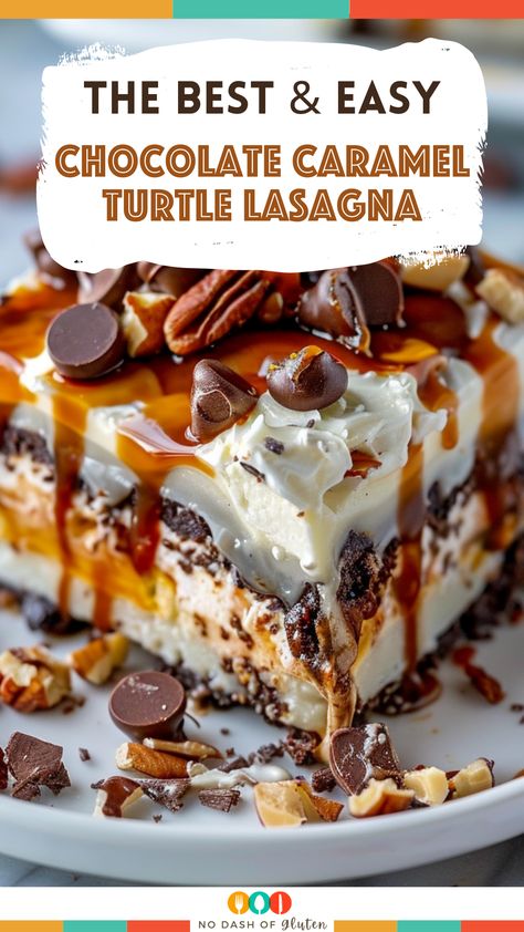 Chocolate Caramel Turtle Lasagna Caramel Lasagna Dessert, No Bake Caramel Desserts, Turtle Trifle Dessert, Turtle Lasagna Dessert, Lasagna Dessert Recipes, Caramel Pecan Desserts, Dessert Lasagna Recipes, Chocolate Caramel Desserts, Caramel Desserts Easy