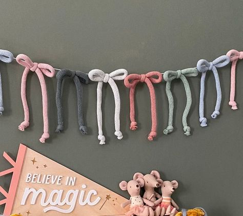 Knitted Bow Garland, Crochet Bow Bunting, Nursery Wall Art, Yarn Bow Decor, Cottage Core Decorati... | Etsy (US) Cottage Core Playroom, Over Crib Decor, Cottage Core Nursery, Shelfie Decor, Girly Cottage, Garland Crochet, Bunting Nursery, Knitted Bow, Bow Garland