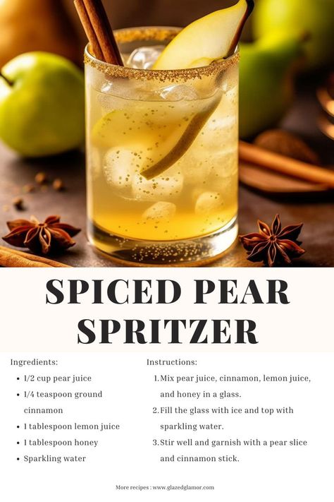 This Spiced Pear Spritzer is a refreshing fall mocktail recipe that's both light and flavorful. Perfect for autumn gatherings or a quiet evening at home! #FallMocktailRecipe #DrinksForFall #AutumnMocktails Spiced Pear Mocktail, Honey Mocktail Recipe, Pear Mocktail Recipe, Autumn Hobbies, Fall Mocktail Recipe, Light Alcoholic Drinks, Pear Mocktail, Autumn Drinks, Recipe Using Apples