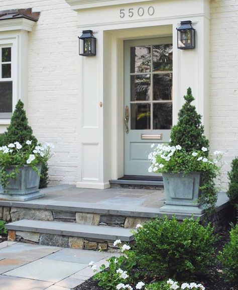 Box Planters Front Porch, Front Door Surround, Front Door Planter, Paint Brick, Front Door Planters, Front Door Steps, Door Planter, Porch Paint, Stone Steps