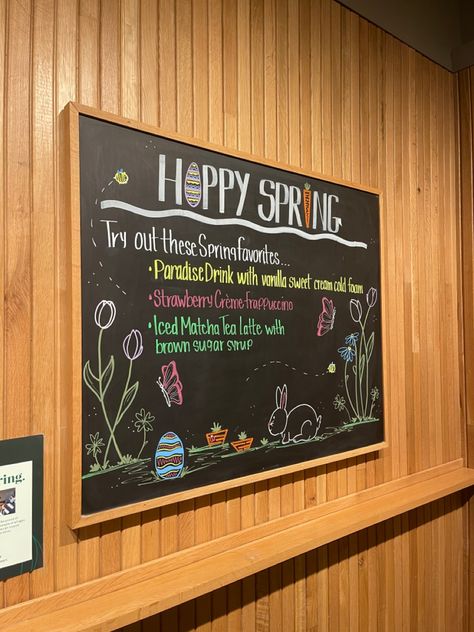 Starbucks Chalkboard for springtime and Easter Starbucks Spring Chalkboard, Spring Starbucks Chalkboard Art, Spring Coffee Chalkboard Art, Starbucks Chalkboard, Starbucks Board Ideas, Starbucks Chalkboard Art, Spring Chalkboard Art, Coffee Chalkboard, Matcha Tea Latte