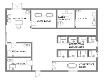 This is a detailed corporate office floor plan, from edraw’s mind map template. The figure shows the layout of different functional areas within the company, including the reception area, showroom, sales/marketing department, IT department, accounting department, and conference rooms. Each area has been carefully designed to optimize workflow and increase productivity Office Reception Floor Plan, Reception Plan Architecture, Office Floor Plan Corporate, Office Layout Design, Office Layout Plan, It Department, Mind Map Template, Marketing Office, Reception Layout