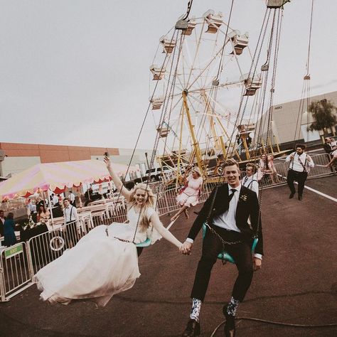 BELLA (Weems) LAMBERT on Instagram: “Having a carnival wedding was a dream come true. One of my favorite memories was riding the swings with my new husband and bridal party 🎉 🎡…” Closet Full Of Dresses, Carnival Wedding Theme, Wedding Reception Themes, Modest Wedding Dresses With Sleeves, Lds Bride, Modest Bride, Circus Wedding, Lds Temples Wedding, Carnival Wedding