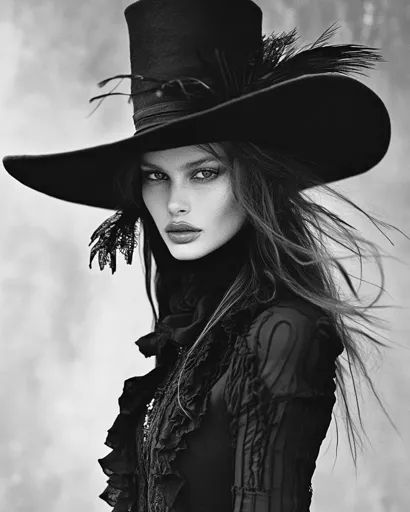 ↑↑↑ Larger size on website 🔸 A woman in a large, wide-brimmed black hat with feathers is the focal point of this image. The hat c Elegant Wide Brim Black Hat, Gothic Black Brimmed Costume Hat, Gothic Wide Brim Adjustable Hat, Black Brimmed Witchy Hat, Face Highlighting, Gothic Black Brimmed Hat, Black And White Portrait, Hair Flow, Full Lips