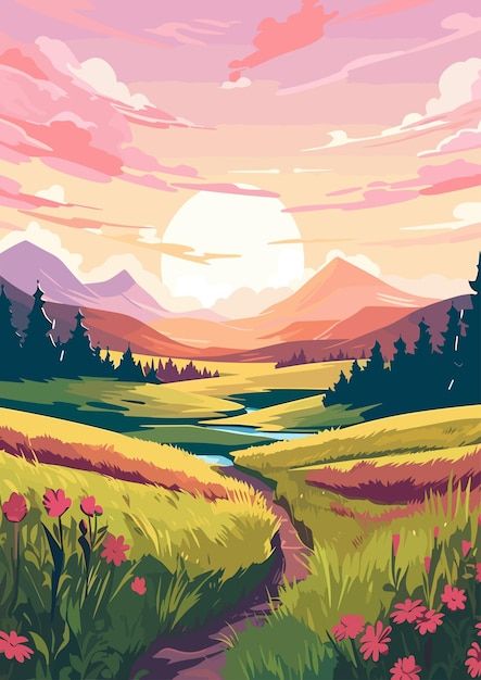 Valley Painting Landscapes, Spring Vector Art, Landscape Vector Art, Spring Vector Illustration, Vector Landscape Illustration, Spring Digital Art, Vector Art Landscape, Comic Book Background, Spring Cartoon