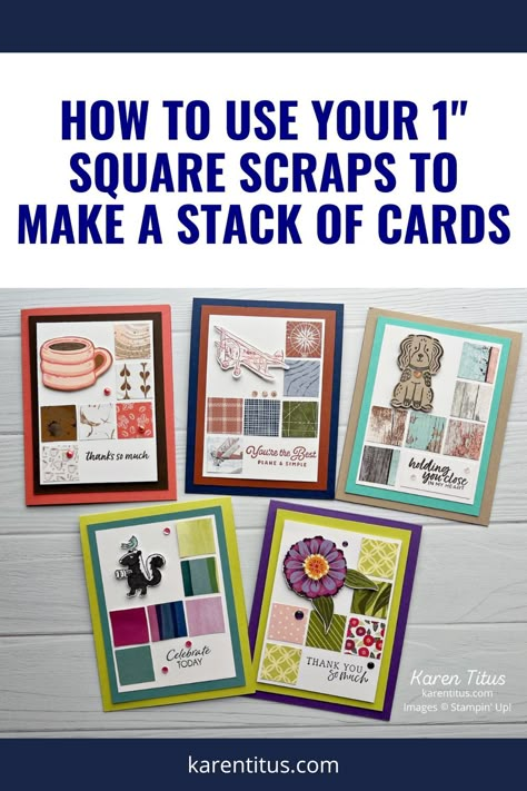 You can make a bunch of stunning cards with just 1" squares! A great way to use up your scraps. And the best way is your could easily change up the papers and sentiment to fit any occasion! Click on the link for the template.  Card Craft // Card Ideas // Card Making // Card Design // Handmade Cards // Cards Handmade // Card Crafting // Quick and Easy Cards // Scrap Cards Stampin Up Scrap Cards, A2 Card Layouts Templates With Measurements, Cards From Scraps Ideas, Karen Titus Handmade Cards, Cards Using Scraps Of Paper, Cards Using Scraps, Strip Cards, Quick And Easy Cards, Simple Card Designs