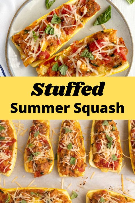 Summer Squash Boats Recipes, Stuffed Yellow Squash Boats, Summer Squash Boats, Squash Boats Yellow, Yellow Squash Boats Stuffed, Yellow Crookneck Squash Recipes, Stuffed Yellow Squash Recipes, Stuffed Squash Boats, Yellow Squash Boats