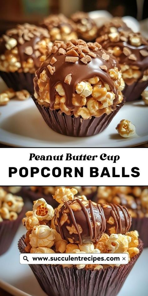 Enjoy a Delicious treat with these Peanut Butter Cup Popcorn Balls! Combining the flavors of chocolate, peanut butter, and popcorn, these tasty snacks are a hit for kids and adults alike. Homemade Popcorn Flavors, Chocolate Popcorn Balls, Marshmallow Popcorn Balls, Popcorn Dessert, Flavored Popcorn Recipes, Popcorn Balls Recipe, Peanut Butter Popcorn, Marshmallow Popcorn, Thanksgiving Snacks