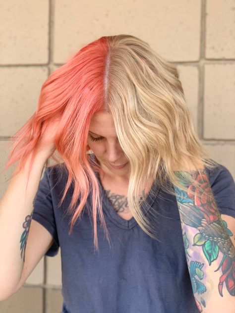 Split hair  #splithair #peachhair #blondehairstyles #halfandhalfhair #pinkhair #peachblonde #strawberryblonde Half Blonde Half Pink Hair, Half Pink Half Blonde Hair, Split Dye Pink, Pink Hair Streaks, Half And Half Hair, Split Dye, People Reference, Split Dyed Hair, Pink Hair Dye