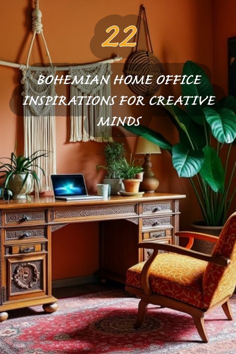 I adore this warm and inviting bohemian home office design! The rich earthy tones, vibrant textiles, and a cozy chair create such a creative atmosphere. Adding plants not only enhances the decor but also brings life into the workspace. Perfect for those who need a serene place to ignite their creativity! Office Decor Eclectic, Small Office Inspiration, Bohemian Office Space, Boho Style Office, Boho Chic Office, Bohemian Home Office, Boho Home Office, Bohemian Office, Boho Office