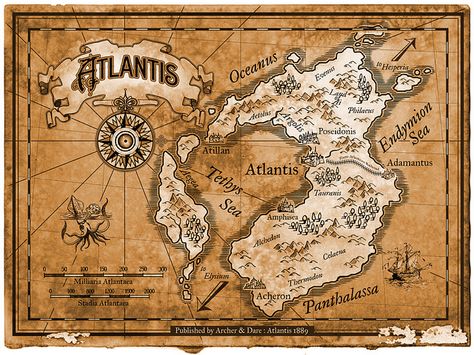 Ancient Maps Cartography, Map Of Atlantis, Atlantis Map, Steampunk Map, Love And Olives, Steampunk Rpg, Ancient Atlantis, Ancient World Maps, City Of Atlantis