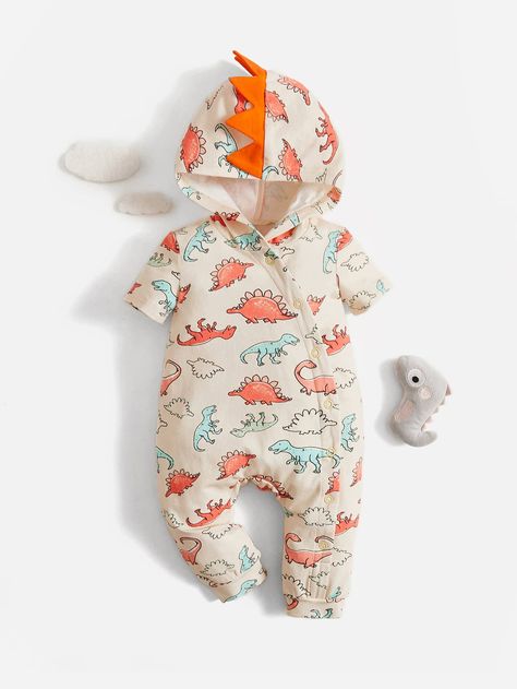 SHEIN Newborn Baby Dinosaur Print 3D Patched Hooded Jumpsuit Newborn Dinosaur Costume, Cheap Onesie With Dinosaur Print For Playtime, Baby Onies, Casual Dinosaur Print Onesie For Playtime, Fabric Dinosaur, Dinosaur Baby Clothes, Newborn Dinosaur Outfit, Cotton Summer Onesie With Dinosaur Print, Hooded Jumpsuit