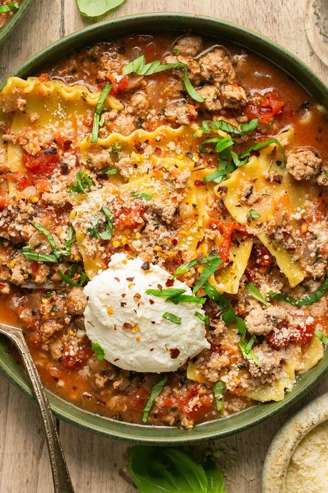 Turkey Sausage Lasagna Soup, Lasagna Soup Turkey, Lasagna Soup With Ground Turkey, Italian Turkey Soup, Ground Turkey Lasagna Soup, Healthy Lasagna Soup Crockpot, High Protein Lasagna Soup, Crockpot Turkey Lasagna, Lasagna Soup Healthy