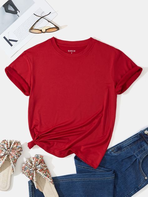 Red Casual Collar Short Sleeve Polyester Plain Embellished Slight Stretch Summer Women Tops, Blouses & Tee Red Tshirt Outfit Women, Red Tshirt Outfit, Clothing Mockup, Latest T Shirt, Plain Tees, Round Neck Tees, Tshirt Outfits, Red Outfit, Plain Tshirt