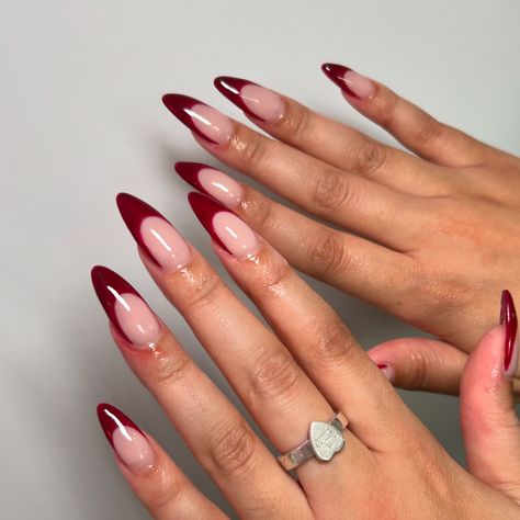 Almond medi’s with burgundy french tip 🍒 Long Almond Red French Tip Nails, Blood Red French Tip Nails, Burgundy Tip Nails, Burgundy French Tip Nails, Burgundy French Tip, Burgundy Nails, Tip Nails, Long Red, French Tip Nails