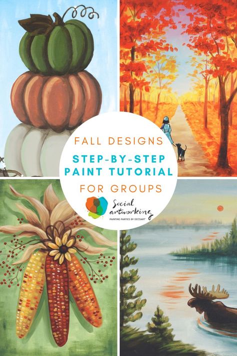 Fall for these autumn inspired paintings and create your own work of art. New fall designs, perfect for groups and paint parties. #paintparty #fallpaintings #painttutorials Fall Painting Templates, Easy Fall Painting Tutorial, Fall Sip And Paint Ideas For Beginners, Paint Party Tutorials Step By Step, Small Fall Canvas Painting, Fall Wine And Paint Ideas, Fall Painting With A Twist, Fall Simple Painting Ideas, Painting Ideas For Winter