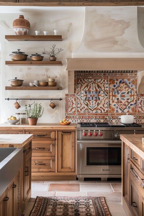 Imagine preparing meals in a kitchen inspired by the picturesque villas of Spain. Our Spanish villa kitchen ideas focus on incorporating terracotta accents and artisanal cabinets into your designs, bringing the vibrant atmosphere of Spain into the heart of your home. Morroco Kitchen Design, Spanish House Inspiration, Spanish Theme Kitchen, Italian Aesthetic Kitchen, Home Interior Design Spanish, Spanish Inspired Kitchen Hacienda Style, Baja Interior Design, Mediterranean Home Kitchen, Spanish Themed Kitchen