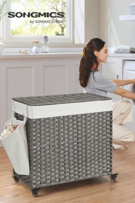 This laundry hamper has a large capacity and is easy to move and secure. It has a lid that helps to contain unpleasant odors and keeps dust out, and three separate sections that allow you to pre-sort your laundry into darks, lights, and colored clothing for easy washing. The laundry hamper also features a long pull handle and 4 wheels (2 with brakes) to make it a breeze to move or lock in place. Furthermore, the laundry hamper comes with a sturdy and durable 160 g/m² polyester liner that is it Grey Laundry Basket, Laundry Hamper With Wheels, Rolling Laundry Basket, Laundry Basket With Lid, Laundry Hamper With Lid, Laundry Bin, Laundry Basket Organization, Washing Basket, Clothes Hamper