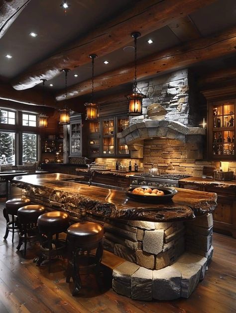 Log Cabin Kitchen Island, Luxury Cabin Kitchen, Must Have House Features, Cabin Mansion Interior, Fancy Kitchens Dream Homes, Dream Apartment Kitchen, Rustic House Ideas, Tree House Kitchen, Cabin Pantry