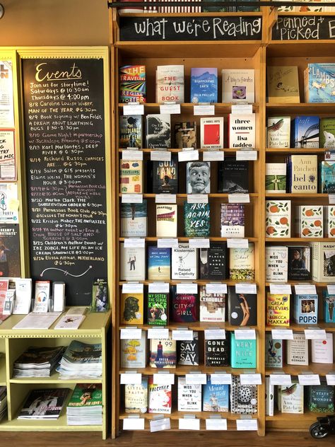 The first rack of books upon entering Parnassus is the staff recommendations section. CREDIT RACHEL IACOVONE / WPLN Bookstore Checkout Counter, Coffee Shop Book Store Aesthetic, Small Book Store Aesthetic, Bookstore Coffee Shop Aesthetic, Coffee Shop Bookstore Aesthetic, Bookstore Event Ideas, Small Bookstore Design, Bookstore Cafe Ideas, Book Shop Ideas