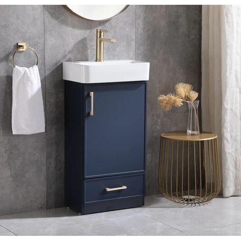 Ebern Designs Suheyb 18" Modern Mini Blue Single Bathroom Vanity Set | Wayfair Small Bathroom Sink Vanity, Small Bathroom Vanity, Rv Cabinets, Bath Supplies, Standing Vanity, Bathroom Vanity With Sink, Mdf Cabinets, Vanity With Sink, Sink Sizes