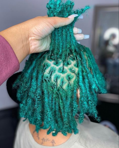 Turquoise Locs Black Women, Hair Color On Locs, Cute Loc Colors, Spiral Locs, Dyed Locs Black Women Ombre, Locs Hairstyles For Women Color, Blue Dreads Black Women, Locs Hair Color Ideas, Teal Locs Black Women