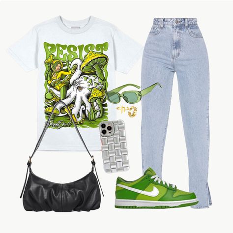 click image to shop chlorophyll dunk outfit with light wash jeans and green sunglasses and silver phone case Outfits For Green Dunks, Baddie Outfits Green, Chlorophyll Dunks Outfit Black Women, Outfits With Green Dunks, Green Dunks Outfit Black Woman, Reverse Brazil Dunks Outfit, Chlorophyll Dunks Outfit, Green Dunks Outfit, Birthday Outfit Green