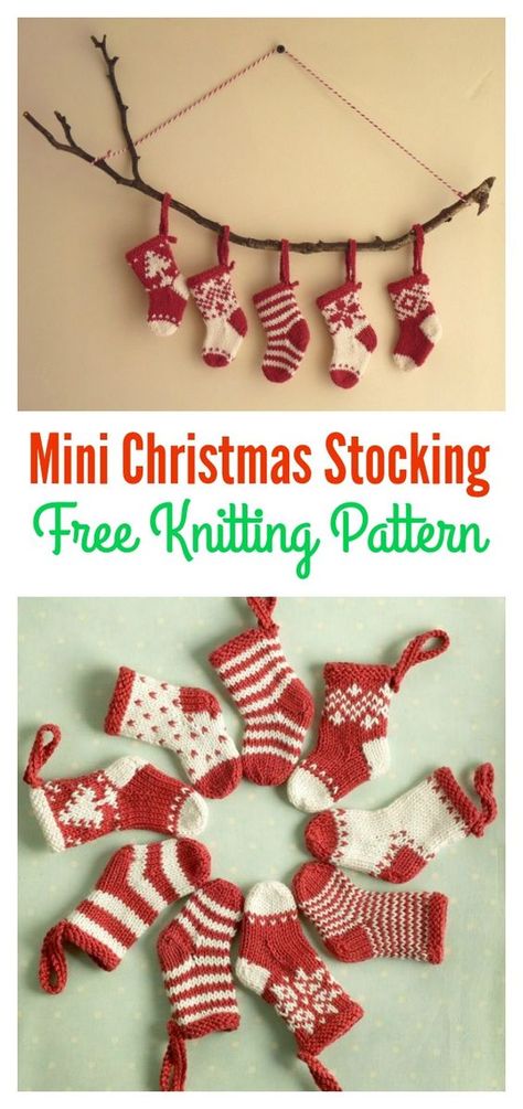 Mini Christmas Stocking Free Knitting Pattern #Freepattern #Knitting Christmas Stocking Pattern Free, Stocking Pattern Free, Knitted Christmas Decorations, Christmas Knitting Patterns Free, Mini Christmas Stockings, Christmas Stocking Pattern, Stocking Pattern, Christmas Knitting Patterns, Pattern Knitting