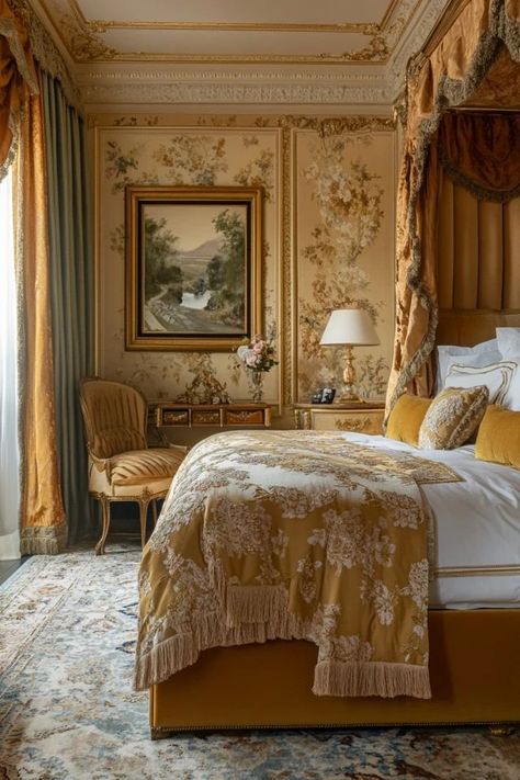 "Bring the elegance of the past into your bedroom with Vintage Glam Decor! 🛏️🕰️ Perfect for creating a space that feels both timeless and trendy. 🌟✨ #GlamBedroomInspo #VintageCharm #HomeStyling" 90s Bedroom Ideas, French Classic Interior Design, French Classic Interior, Rich Bedroom Luxury, Gatsby Interior Design, Vintage Glam Bedroom, Glam Bedroom Decor, Glam Bedroom, Vintage Interior Design