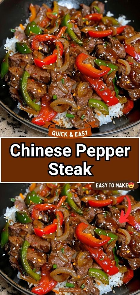 A delicious pepper steak recipe served with boiled white rice — easy and made from items I've already got in my cupboards. My mother clipped this recipe from somewhere and it became a specialty of mine Sliced Steak Recipes, Pepper Steak Recipe Easy, Peper Steak, Pepper Steak And Rice, Beef Pepper Steak, Beef And Peppers, Crockpot Pepper Steak, Chinese Pepper Steak, Crockpot Stuffed Peppers