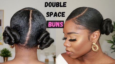 Hairstyle For Natural Hair : Sleek Double Space Buns - https://blackhairinformation.com/video-gallery/hairstyle-for-natural-hair-sleek-double-space-buns/ Double Space Buns, Hairstyle For Natural Hair, Natural Bun Hairstyles, Two Buns Hairstyle, Black Hair Bun, Cute Bun Hairstyles, Hair Sleek, Double Space, Natural Hair Bun Styles