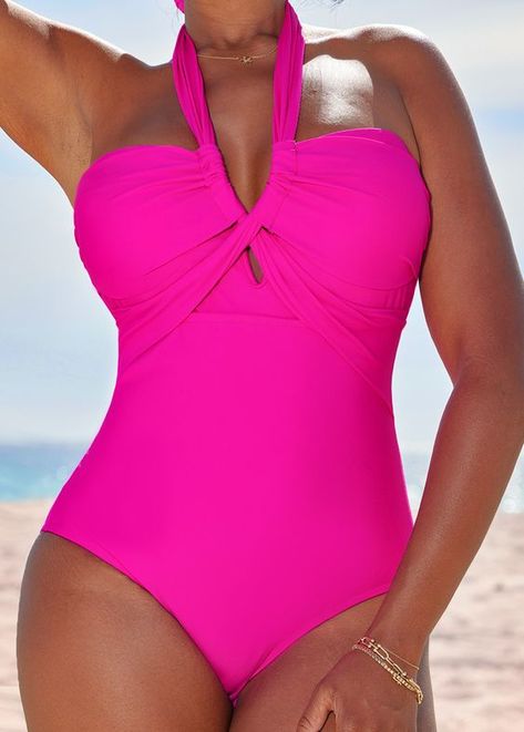 Hot Pink One Piece, Swimsuits Outfits, Pink One Piece, Halter One Piece Swimsuit, Vintage Swimsuits, Lovely Tops, Red Jumpsuit, Casual Jumpsuit, Women's Swimwear