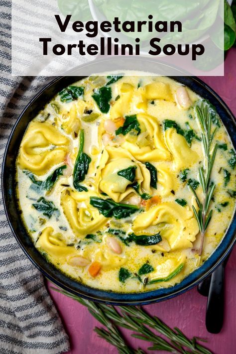 Warm up your soul with this Creamy Vegetarian Tortellini Soup. It's a fuss-free recipe that serves up gourmet taste in the comfort of your home, ideal for those chilly nights. White Bean Tortellini Soup, Gluten Free Tortellini Soup, Tortellini Soup Vegetarian, Vegetarian Tortellini Soup, Tortellini Vegetable Soup, Vegetarian Tortellini, Gluten Free Tortellini, Cheese Tortellini Soup, Creamy Tortellini