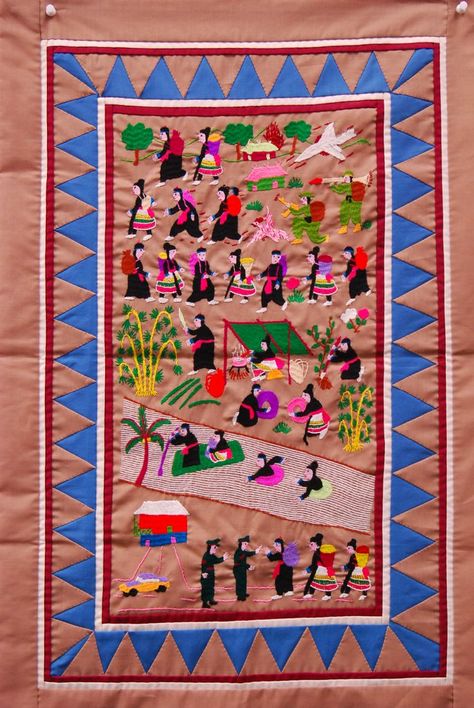 Paj ntaub (story cloth) | This story cloth depicts the Hmong… | Flickr Refugee Camps, Paj Ntaub, Hmong Textiles, Animal Embroidery, Art Class, Aesthetic Art, New Art, Mood Board, Thailand