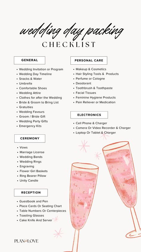 Things To Get For Wedding, Wedding Day Bride Checklist, Wedding Self Care Checklist, Day Of Wedding Checklist For Bride, Wedding Day Bag Checklist, Wedding Requirements List, Day Of Checklist Wedding, Things To Do For Bride On Wedding Day, What To Pack For Wedding Day